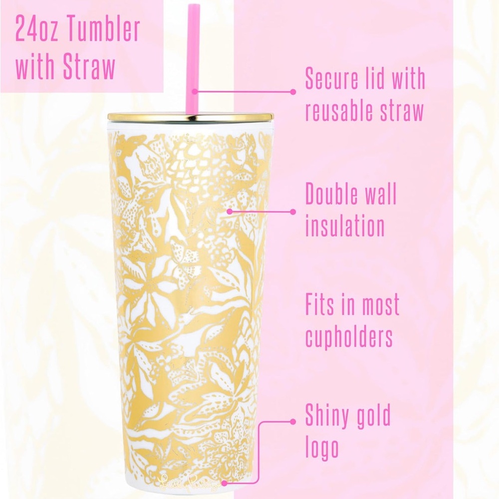 Lilly Pulitzer, Tumbler with Straw, Safari Sangria Gold NWT - Picture 5 of 7